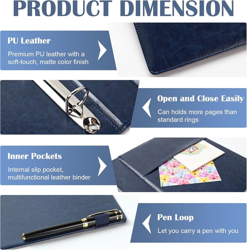 WANGDEFA （Half Size）Pu Leather Mini 3 Ring Binder with 5-Tabs Pocket Dividers & 25 Sheet Protectors 5.5 x 8.5 Professional Organizer Cute Organizer Binders 1" D Rings for Small Binder Paper School Office(Blue) - Image 3